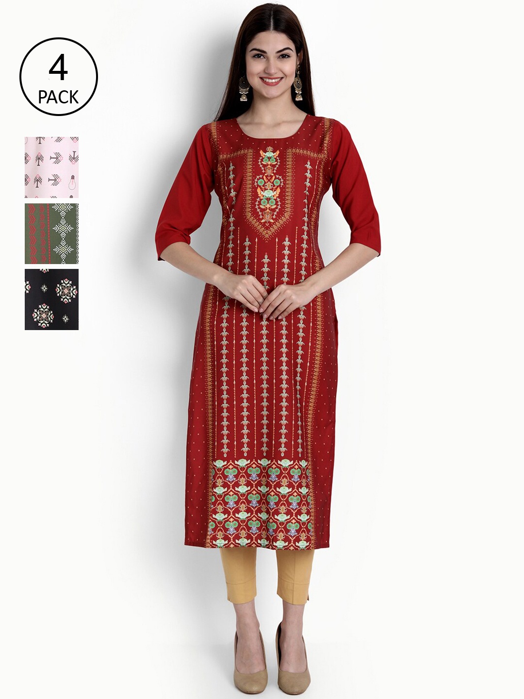 

Ethnic basket Women Pack of 4 Digital Printed Crepe Kurta, Maroon