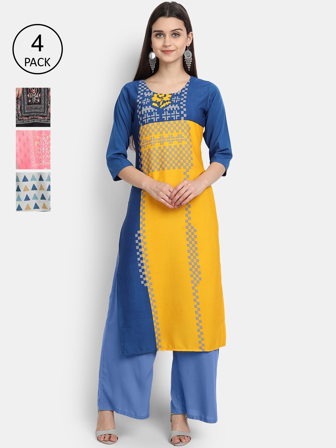 

Ethnic basket Women Pack of 4 Blue & Black Ethnic Motifs Printed Crepe Kurtas