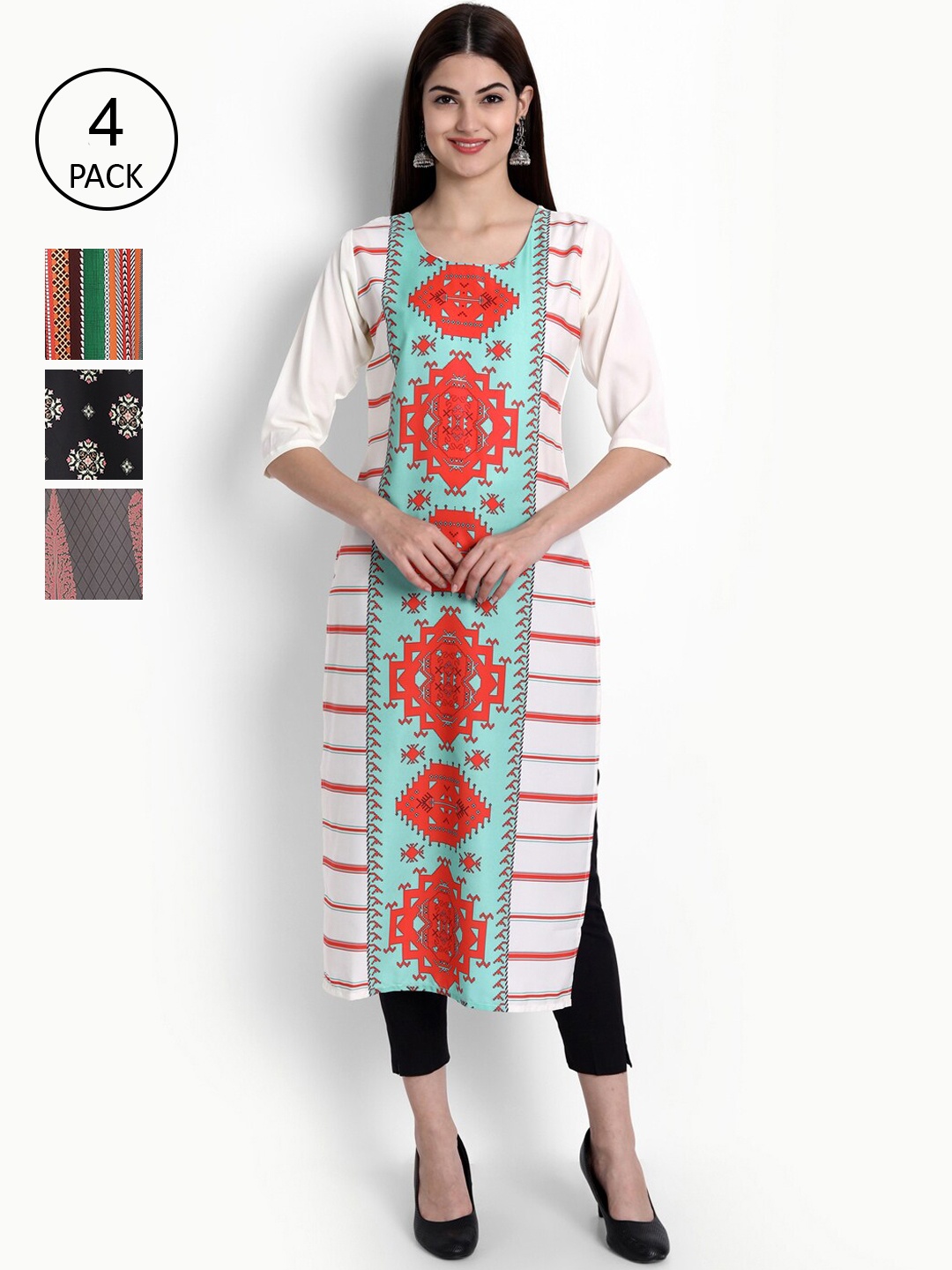 

Ethnic basket Women Multicoloured Pack Of 4 Floral Printed Crepe Kurta, Multi