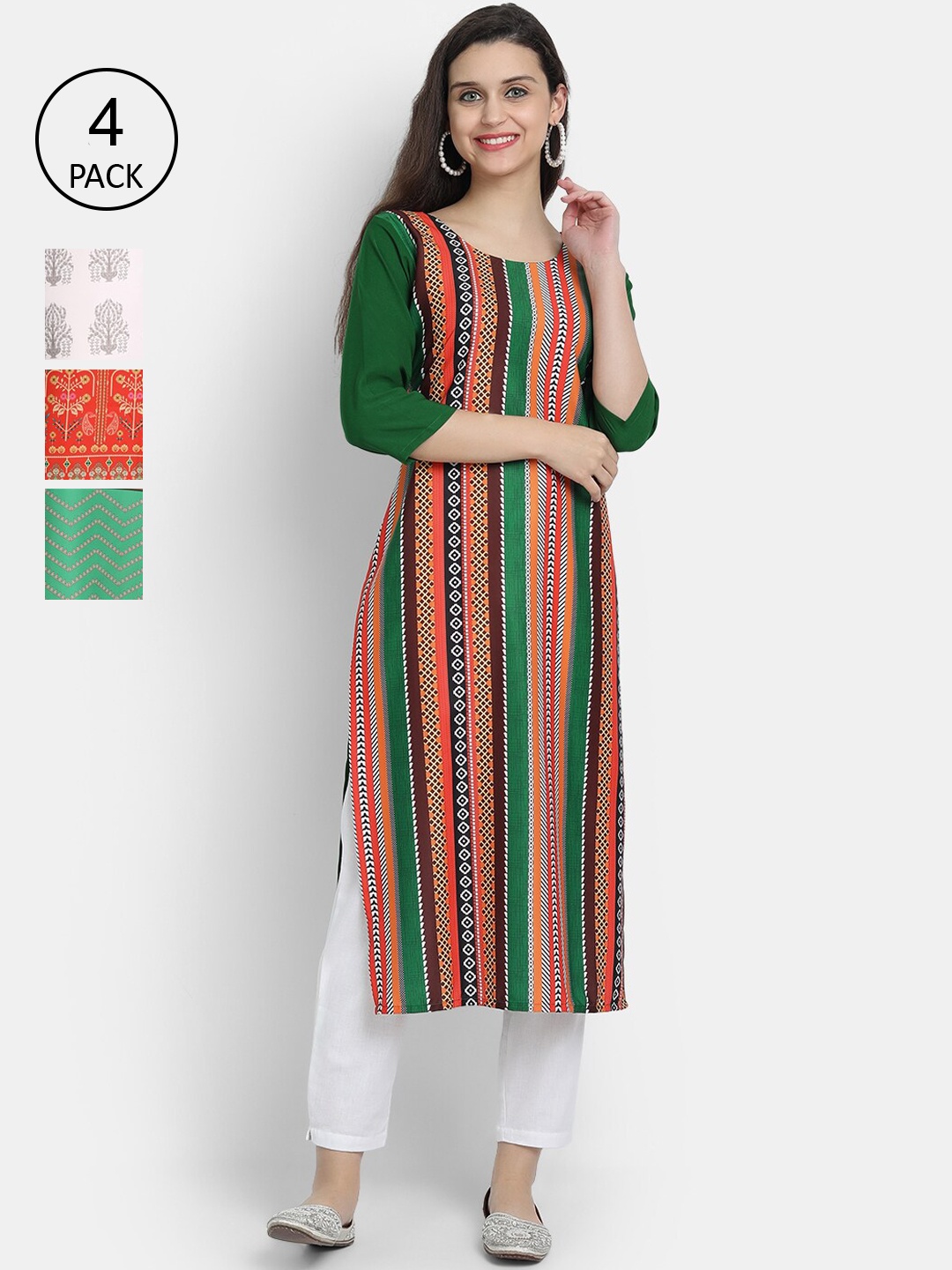 

Ethnic basket Women Set Of 4 Green & Off White Floral Printed Crepe Kurta