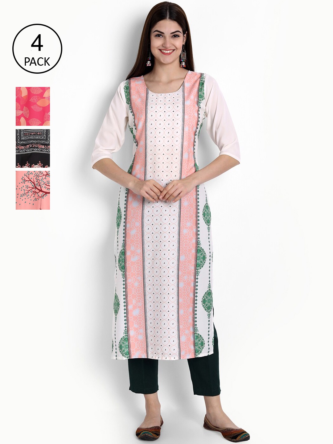 

Ethnic basket Women Pack of 4 Digital Printed Crepe Kurta, White