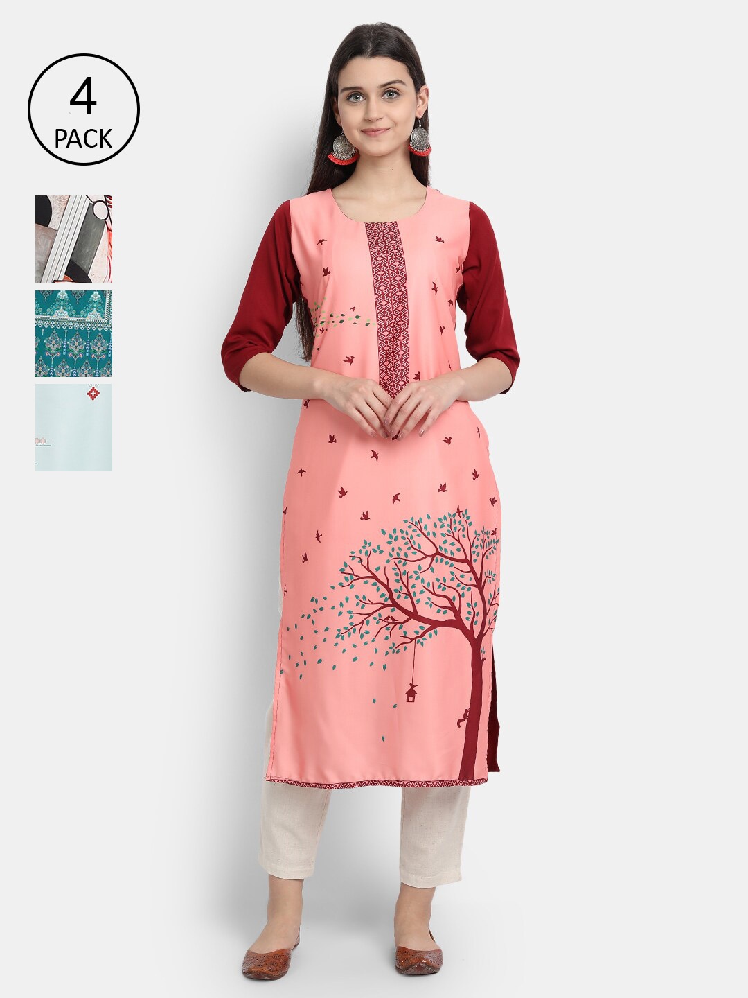 

Ethnic basket Women Multicoloured Set of 4 Ethnic Motifs Printed Crepe Kurta, Multi