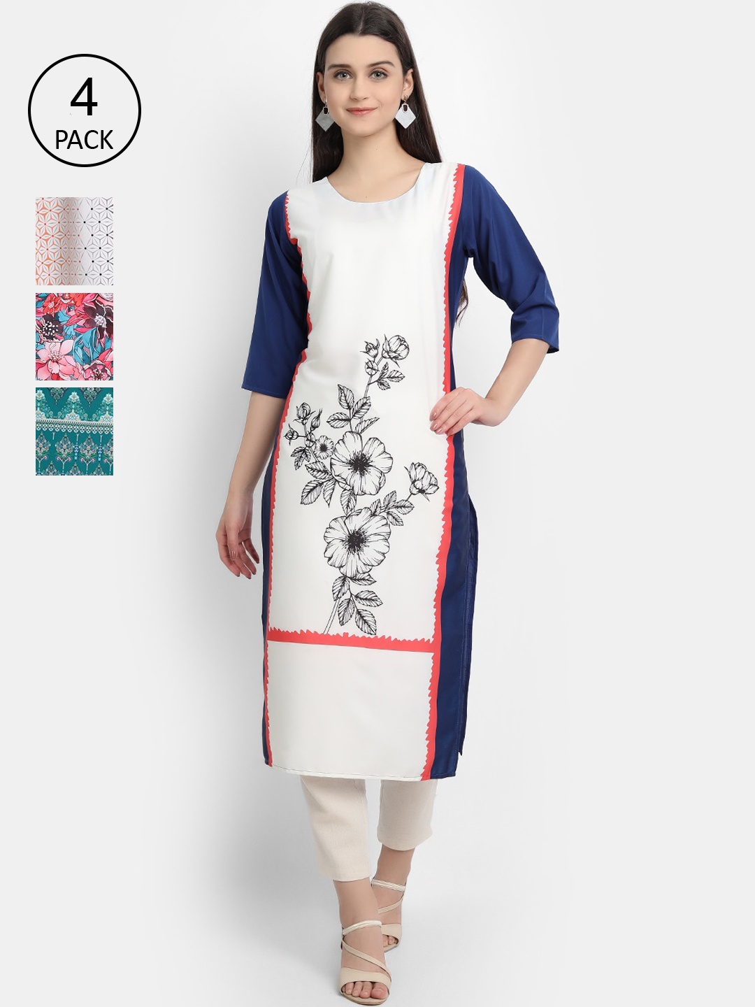 

Ethnic basket Women Pack of 4 White & Peach-Coloured Floral Printed Crepe Kurtas