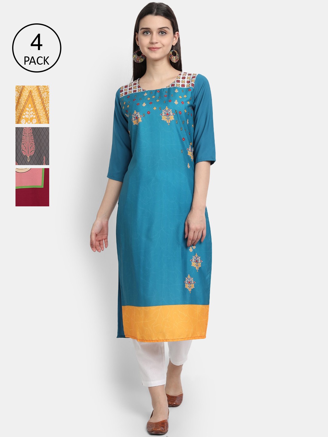 

Ethnic basket Women Pack of 4 Ethnic Motifs Printed Crepe Kurta, Green