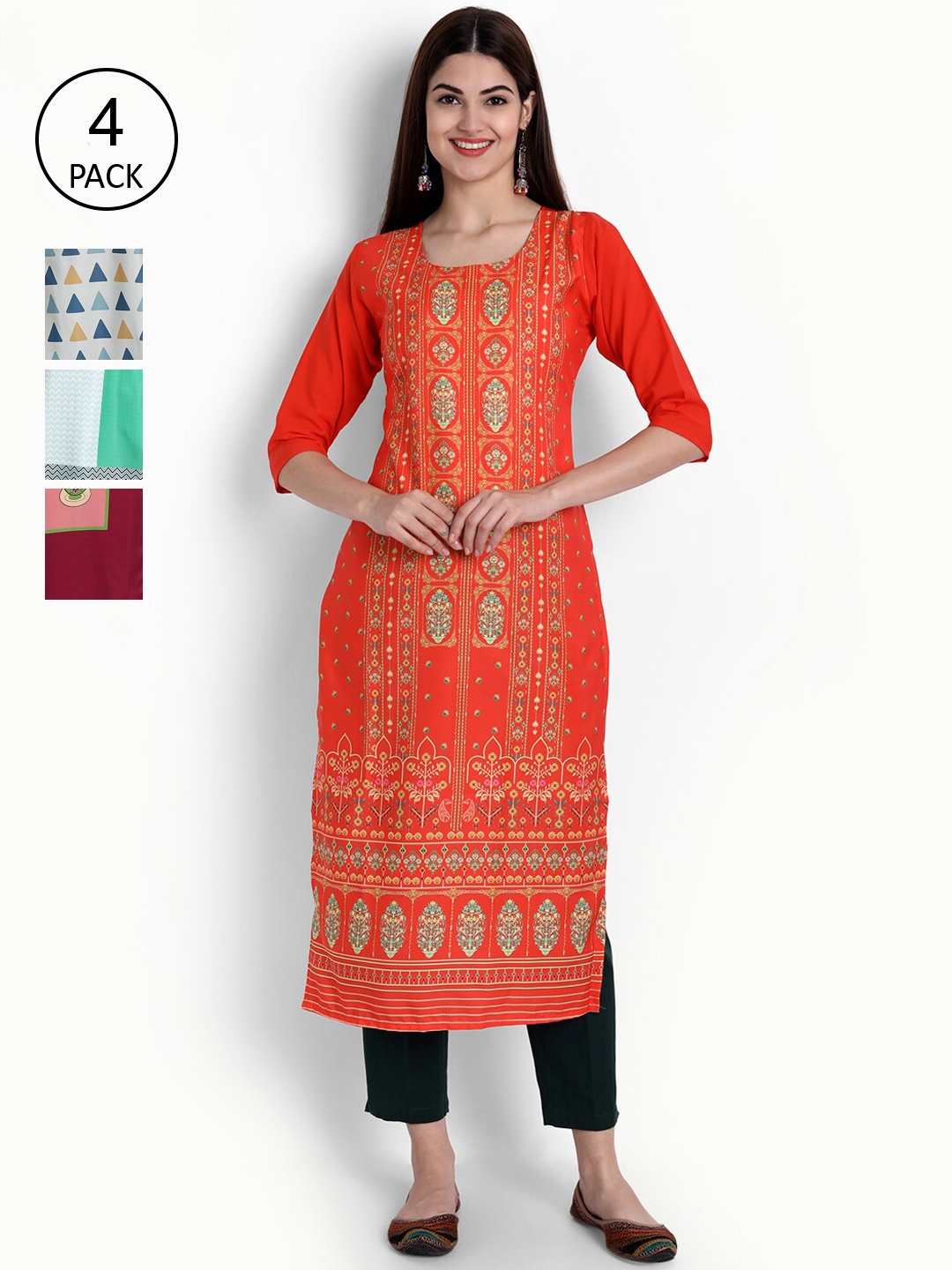 

Ethnic basket Women Pack of 4 Ethnic Motifs Printed Crepe Kurta, Red