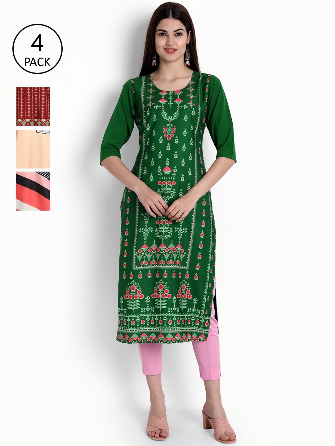 

Ethnic basket Women Set Of 4 Red & Green Floral Printed Crepe Kurta
