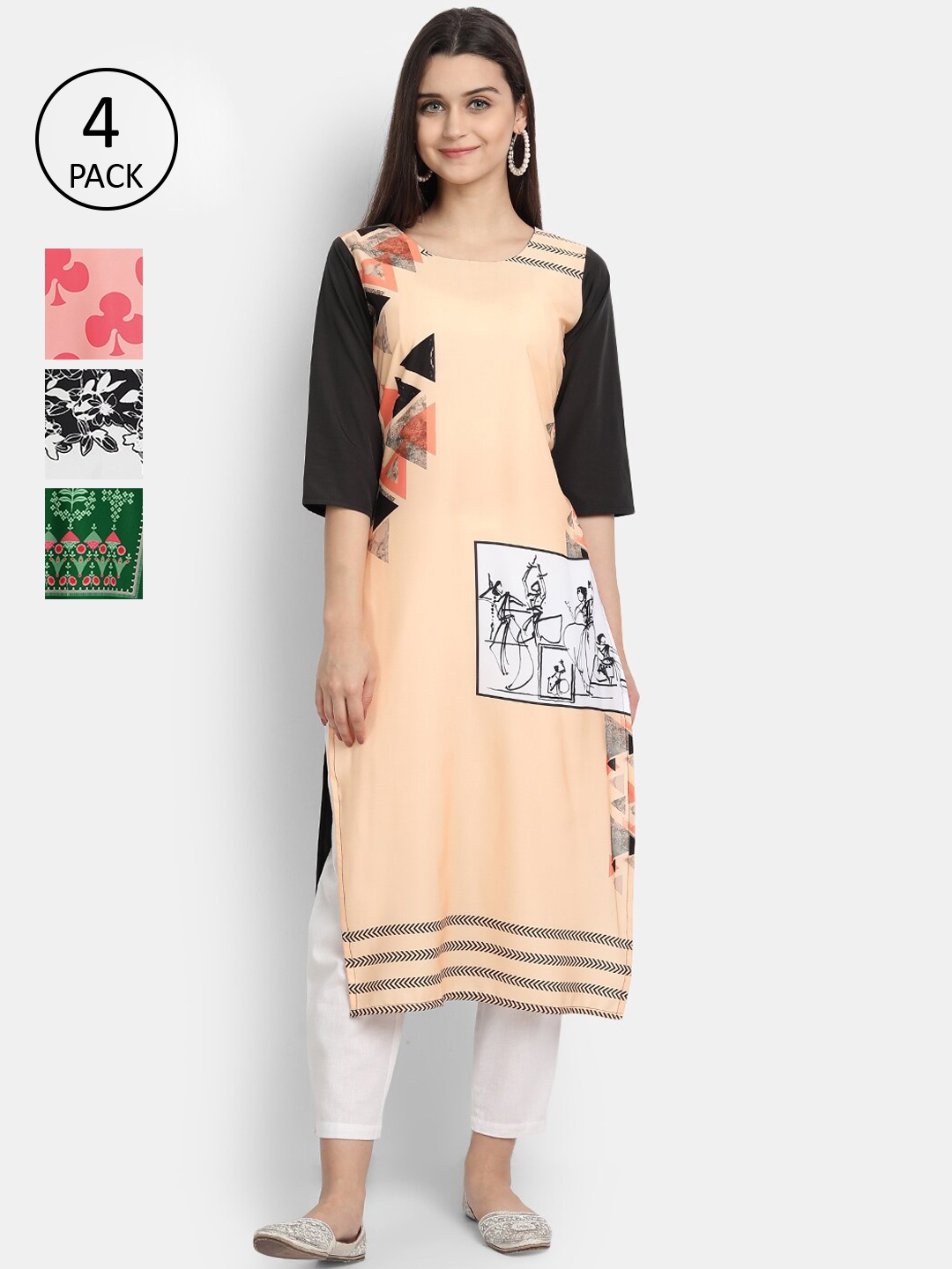 

Ethnic basket Women Pack of 4 Multicoloured Ethnic Motifs Printed Crepe Kurta, Multi