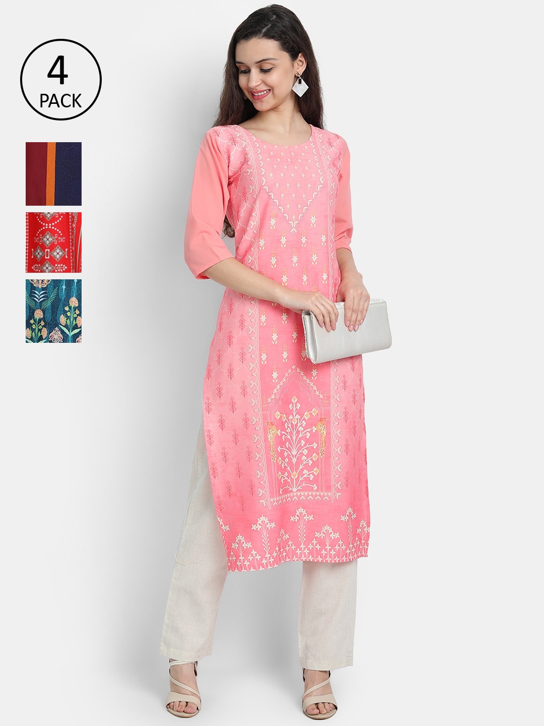 

Ethnic basket Women Pack of 4 Peach-Coloured & Blue Ethnic Motifs Printed Crepe Kurtas