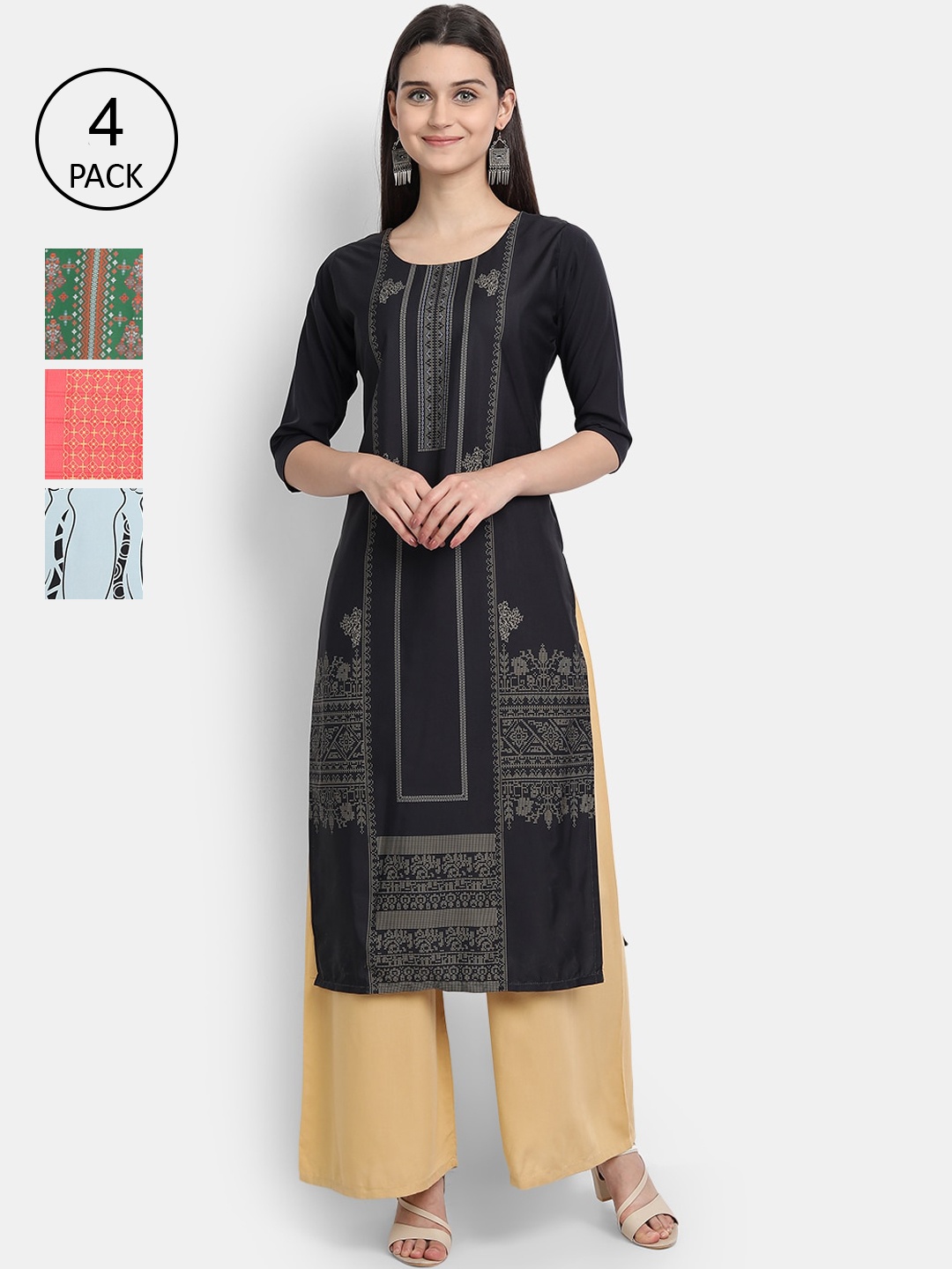 

Ethnic basket Women Multicoloured Set of 4 Ethnic Motifs Printed Crepe Kurta, Multi