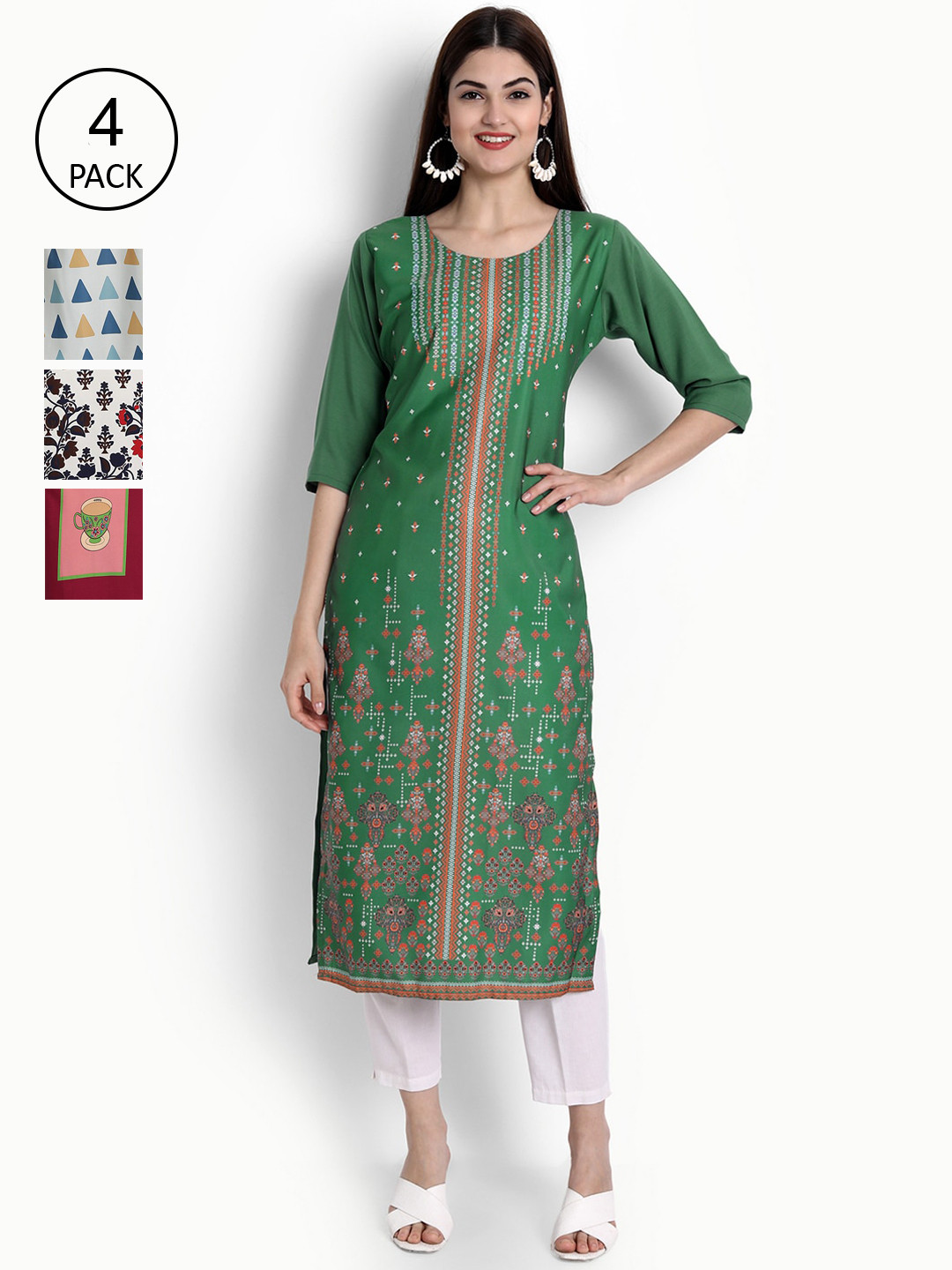 

Ethnic basket Women Multicoloured Pack Of 4 Ethnic Motifs Printed Crepe Kurta, Multi