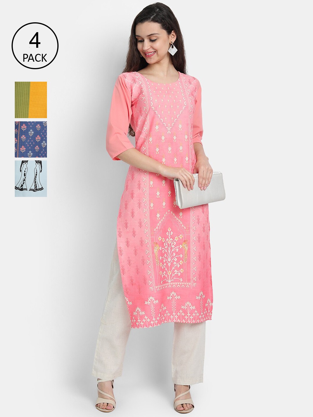 

Ethnic basket Women Set Of 4 Pink & Blue Floral Printed Crepe Kurta