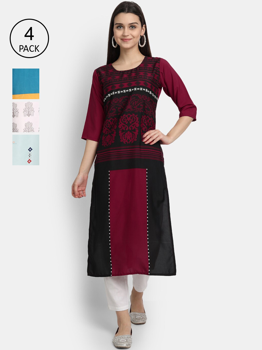 

Ethnic basket Women Multicoloured Pack Of 4 Ethnic Motifs Printed Crepe Kurta, Multi