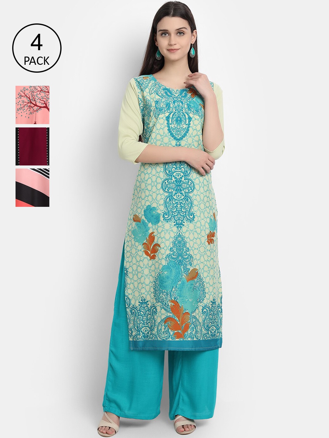 

Ethnic basket Women Set Of 4 Blue & Pink Ethnic Motifs Printed Crepe Kurta