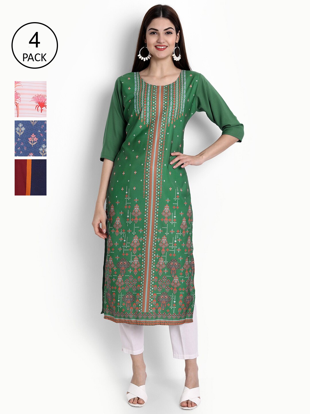 

Ethnic basket Women Pack of 4 Digital Printed Crepe Kurta, Green