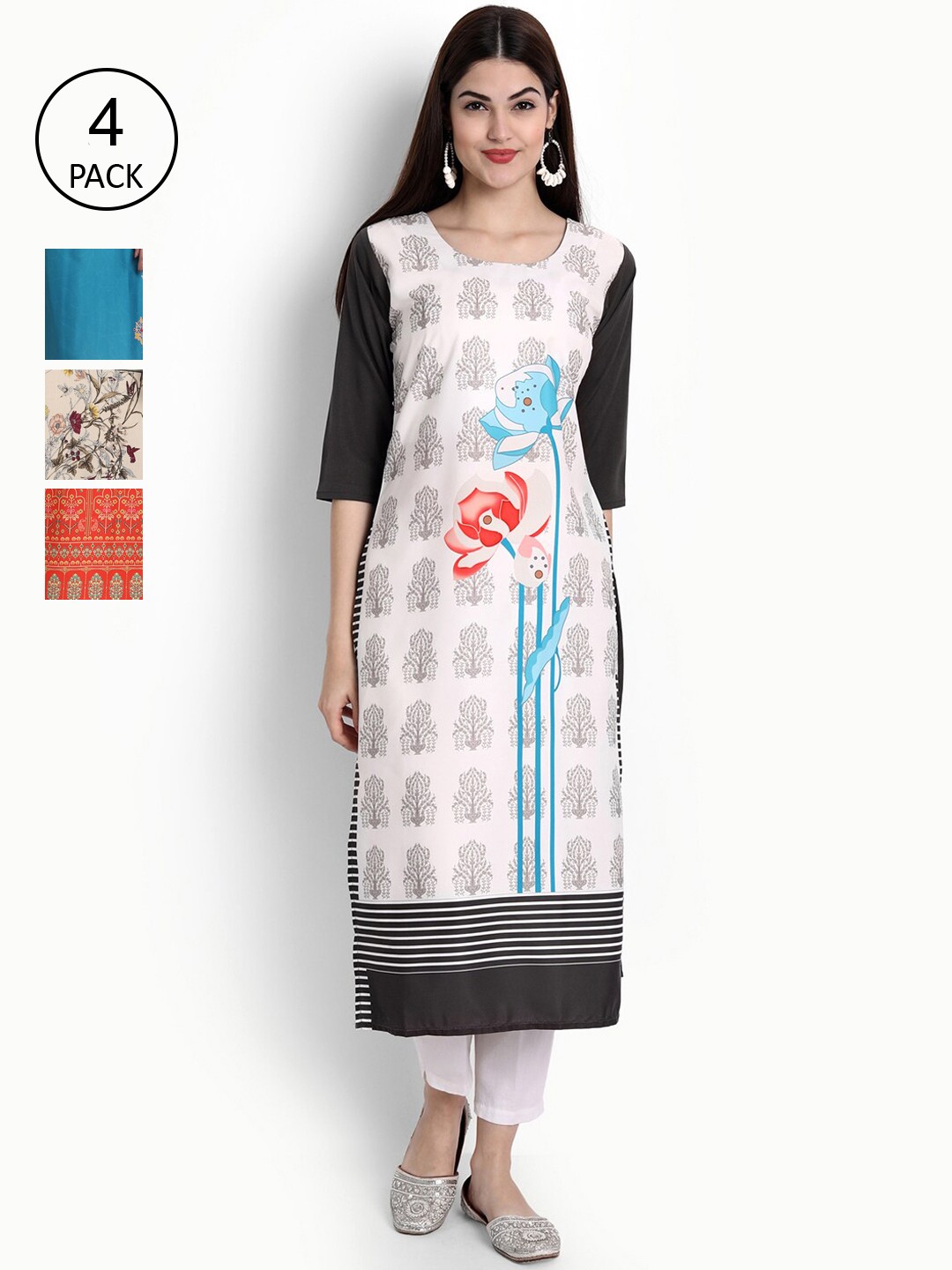 

Ethnic basket Women White & Orange Ethnic Motifs Printed Crepe Kurta Pack Of 4