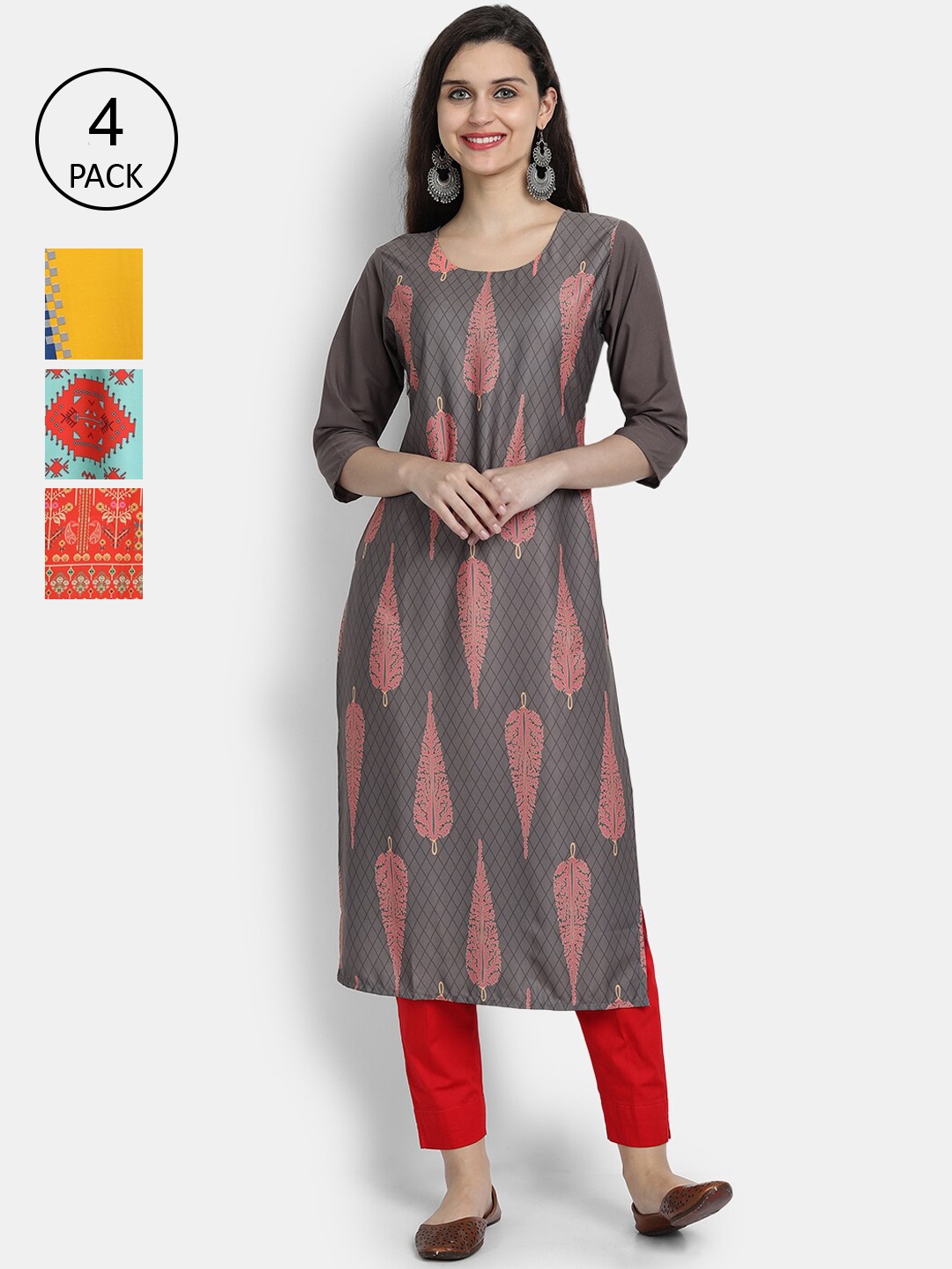 

Ethnic basket Women Grey & Orange Ethnic Motifs Printed Crepe Kurta Pack Of 4