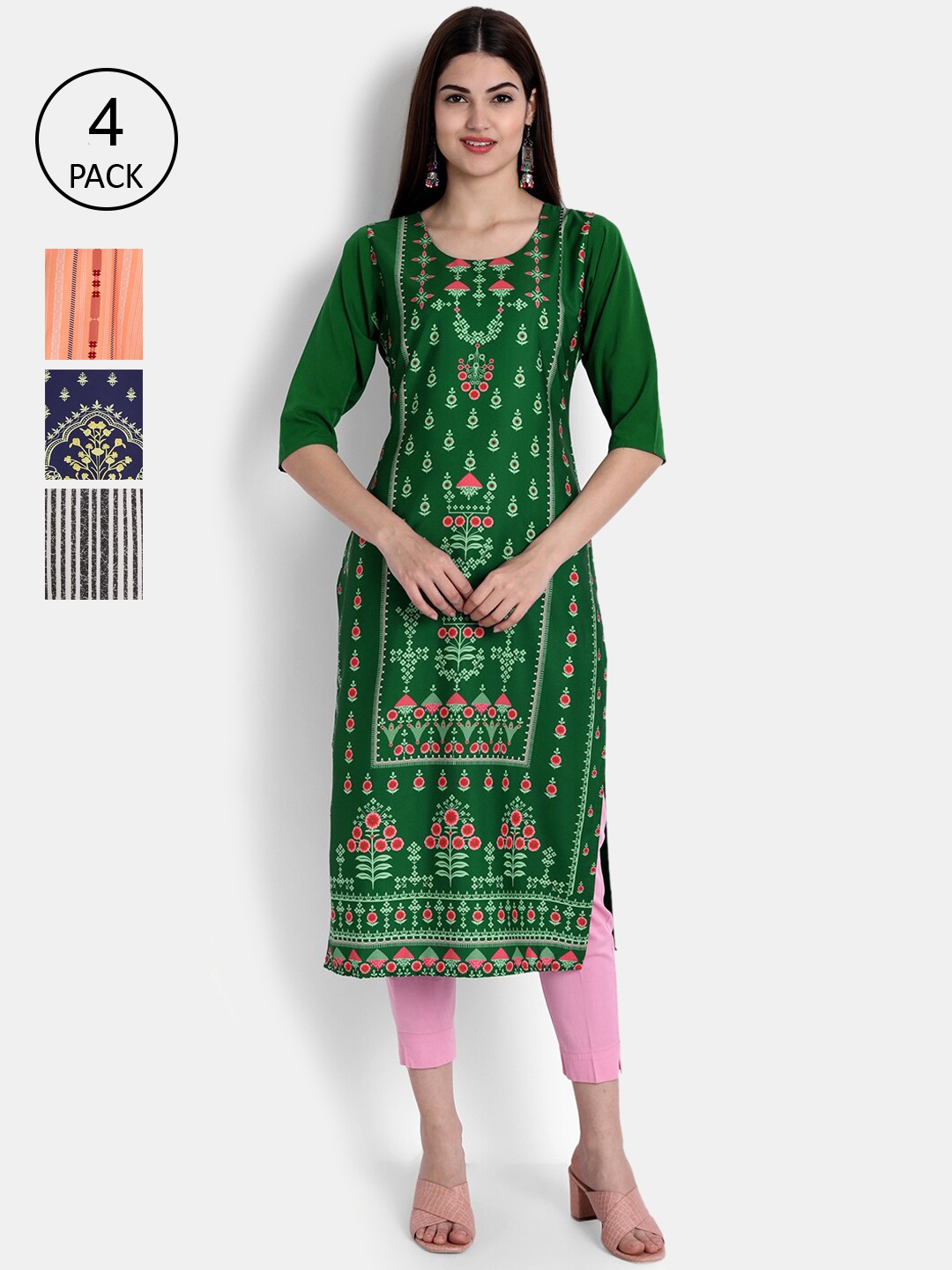 

Ethnic basket Women Pack Of 4 Digital Printed Crepe Kurta, Green