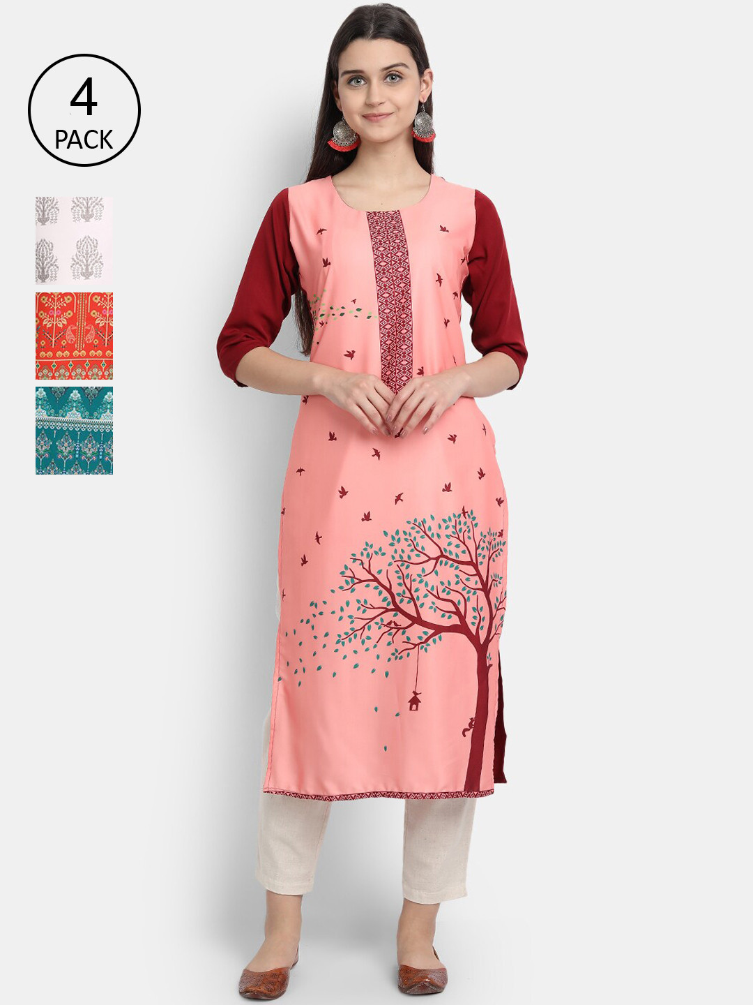 

Ethnic basket Women Pack Of 4 Digital Printed Crepe Kurta, Peach