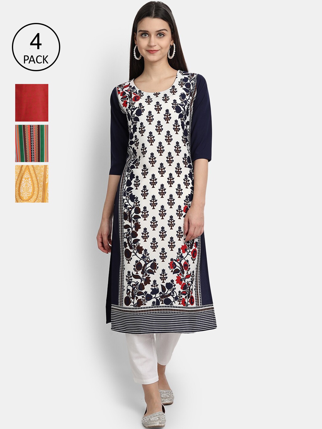 

Ethnic basket Women Multicoloured Pack Of 4 Ethnic Motifs Printed Crepe Kurta, Multi