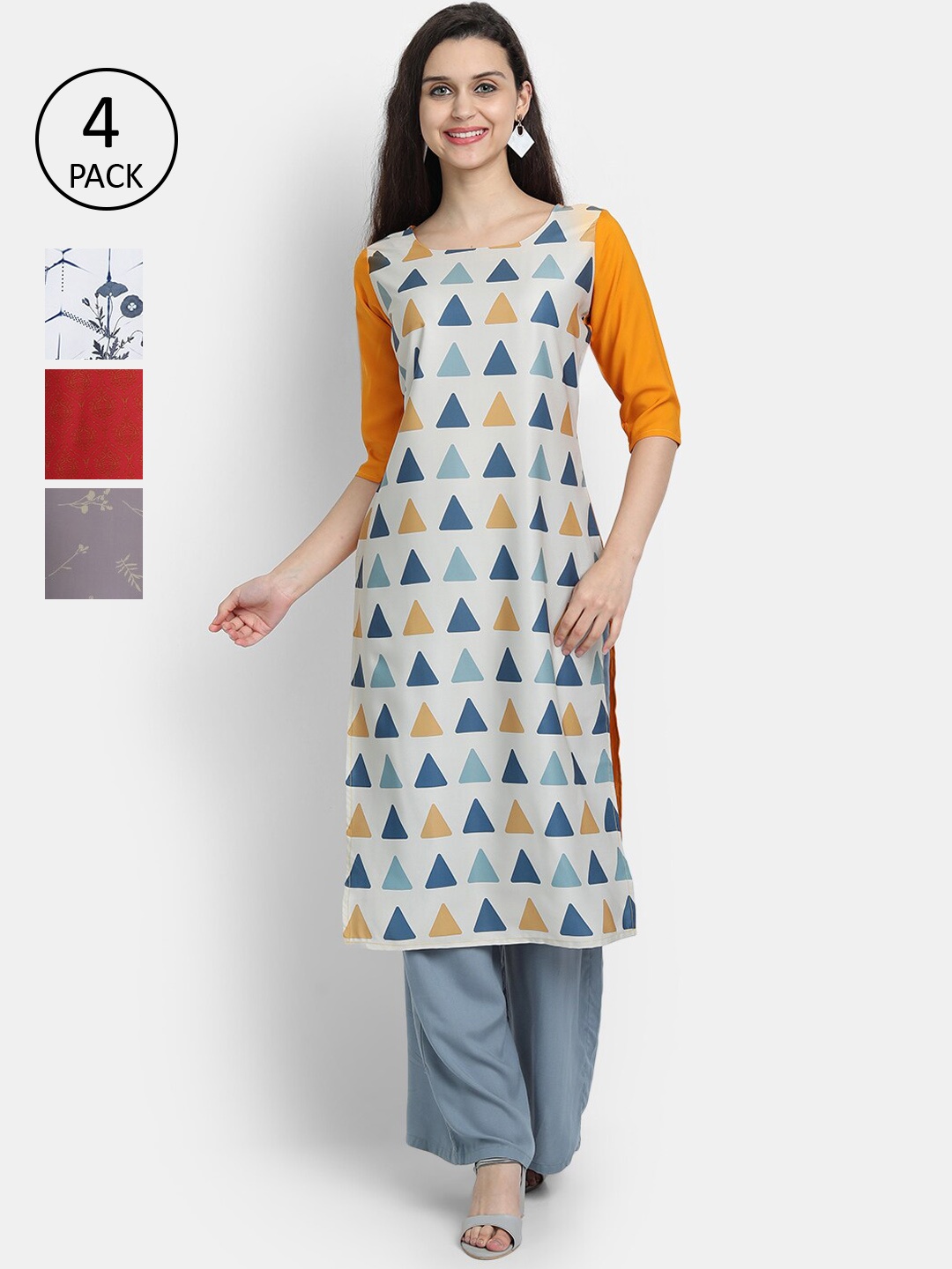 

Ethnic basket Women Multicoloured Set of 4 Ethnic Motifs Printed Crepe Kurta, Multi