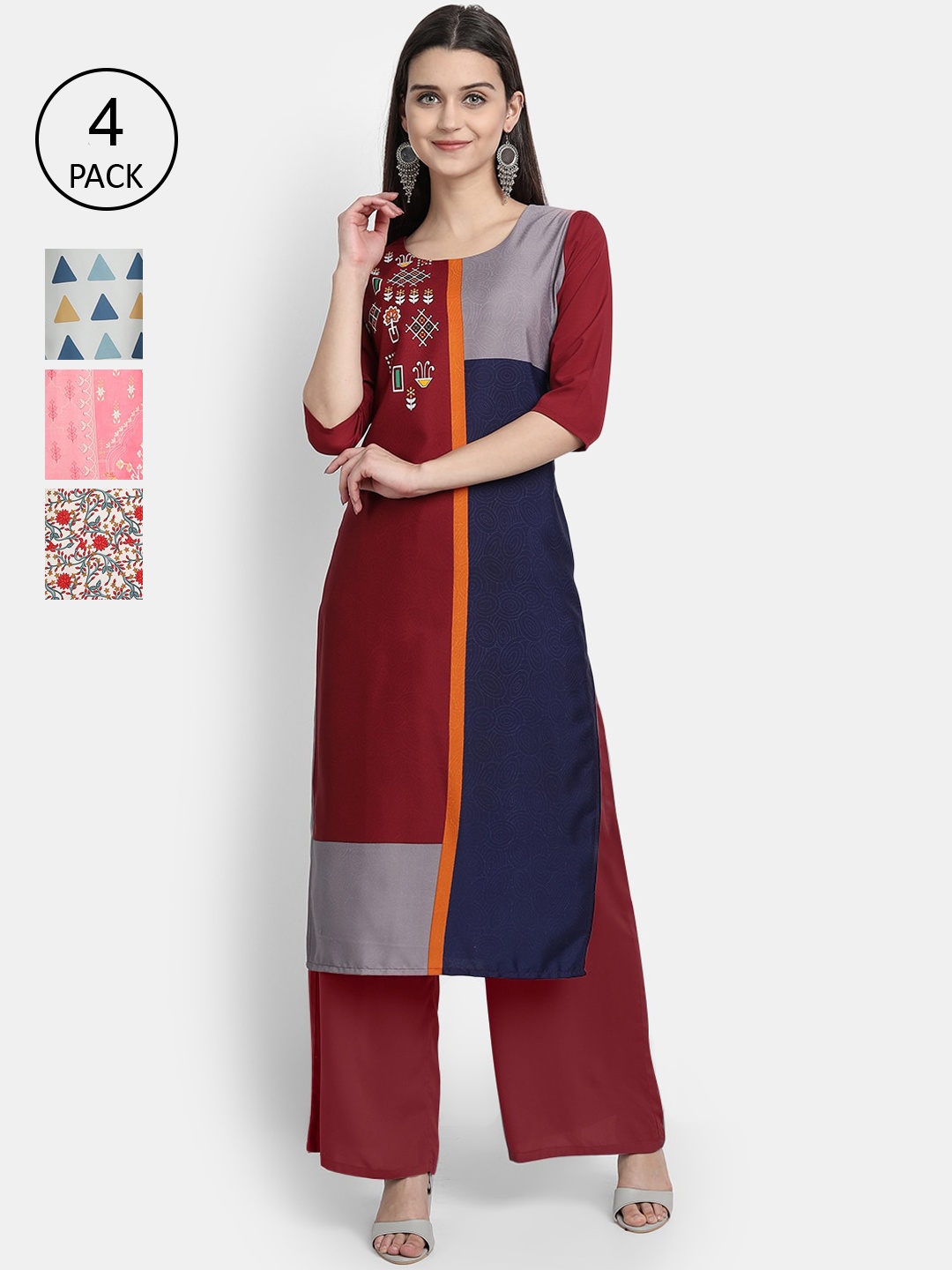 

Ethnic basket Women Pack of 4 Digital Printed Straight Kurtas, Maroon