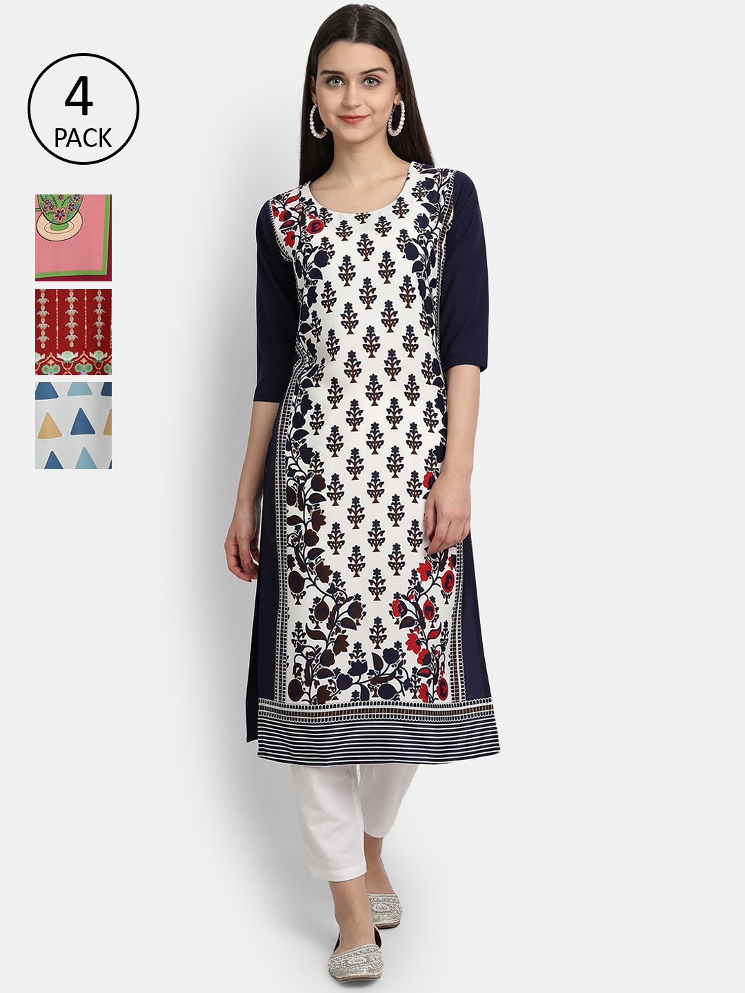 

Ethnic basket Women Set Of 4 White & Black Ethnic Motifs Printed Crepe Kurta