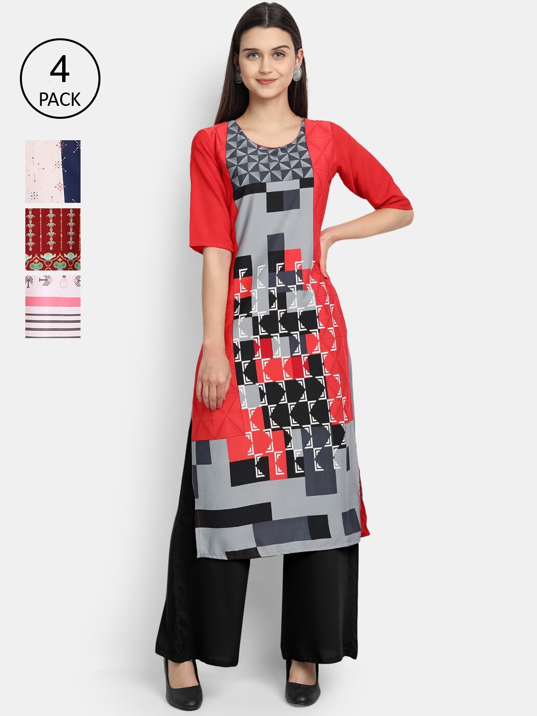 

Ethnic basket Women Maroon & White Ethnic Motifs Printed Crepe Kurta Pack Of 4