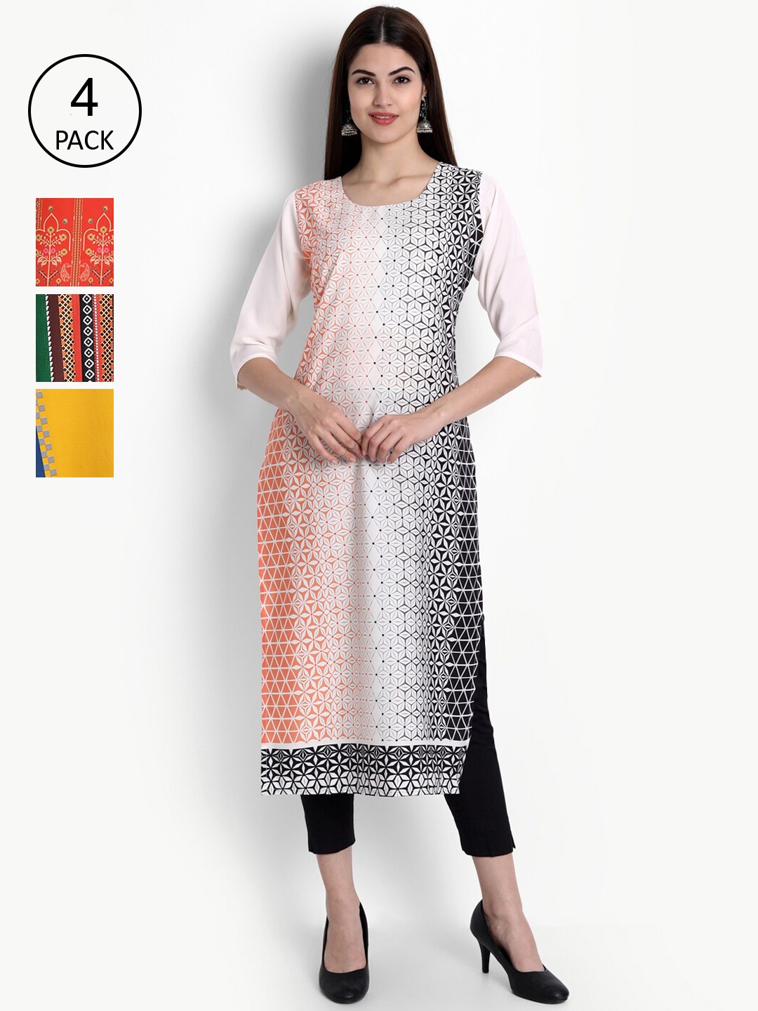 

Ethnic basket Women Pack Of 4 Digital Printed Crepe Kurta, Orange
