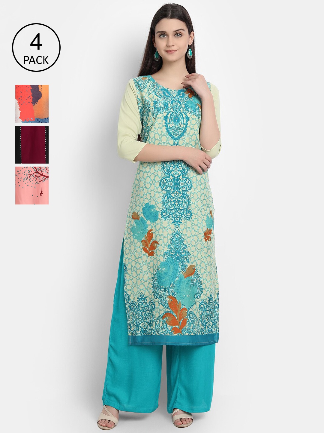 

Ethnic basket Women Set Of 4 Blue & Peach-Coloured Ethnic Motifs Printed Crepe Kurta