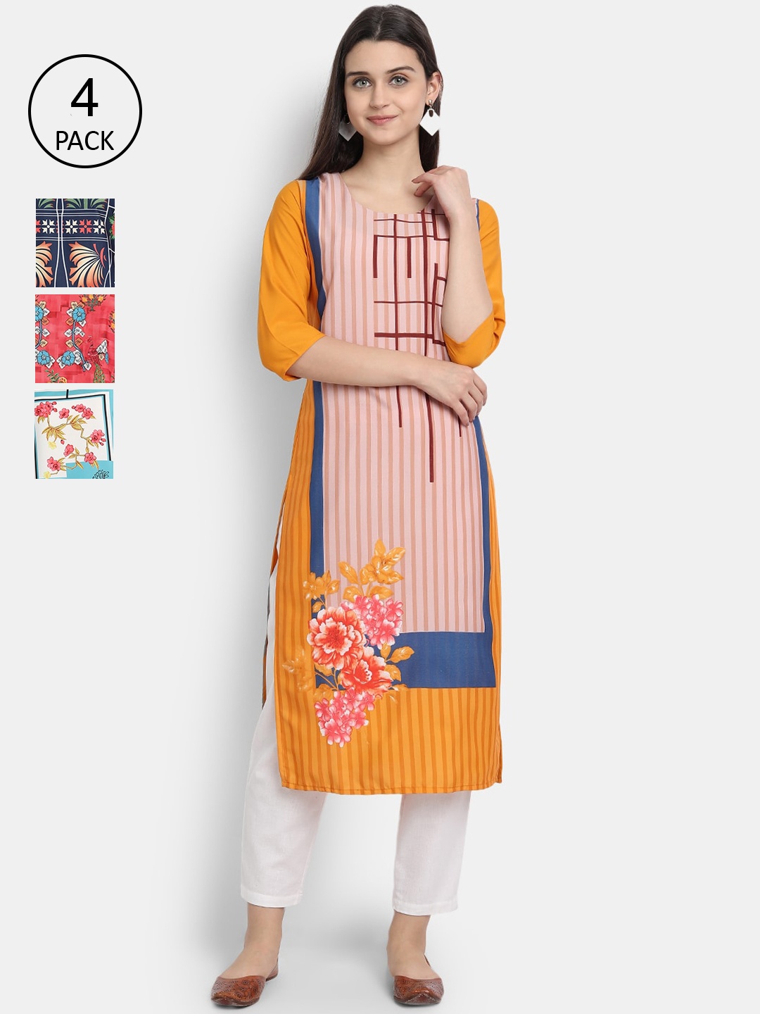 

Ethnic basket Women Multicoloured Pack Of 4 Ethnic Motifs Printed Crepe Kurta, Multi