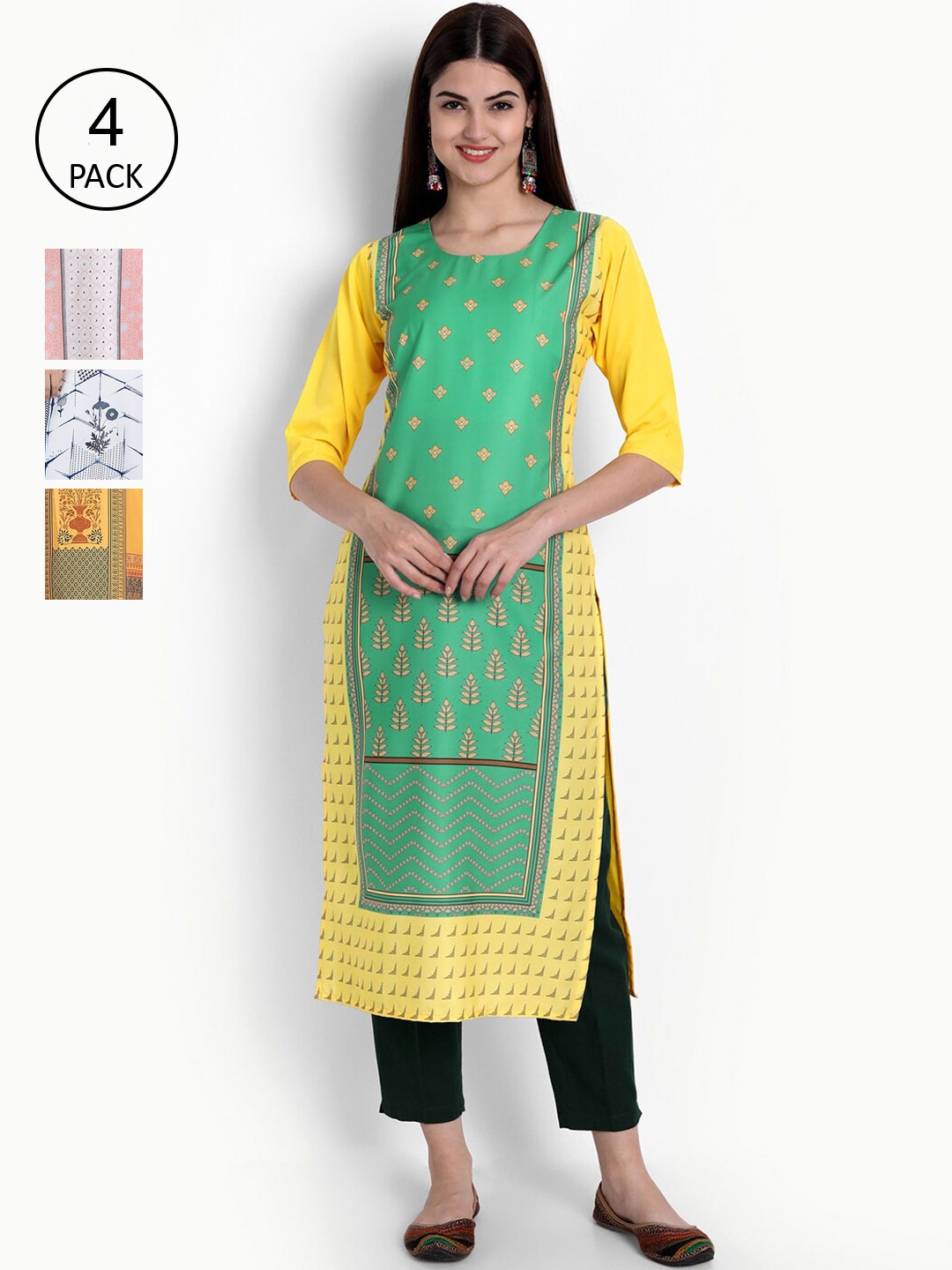 

Ethnic basket Women Pack of 4 Digital Printed Crepe Kurta, Yellow