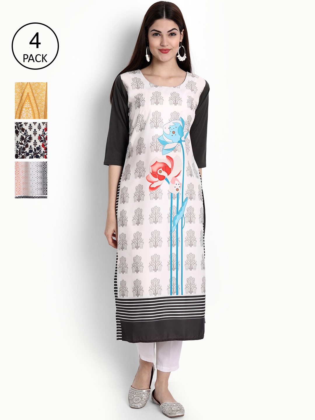 

Ethnic basket Women Pack of 4 White & Yellow Ethnic Motifs Printed Crepe Kurtas