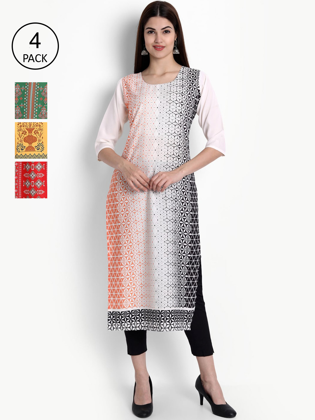 

Ethnic basket Women Pack of 4 Ethnic Motifs Printed Crepe Kurta, White