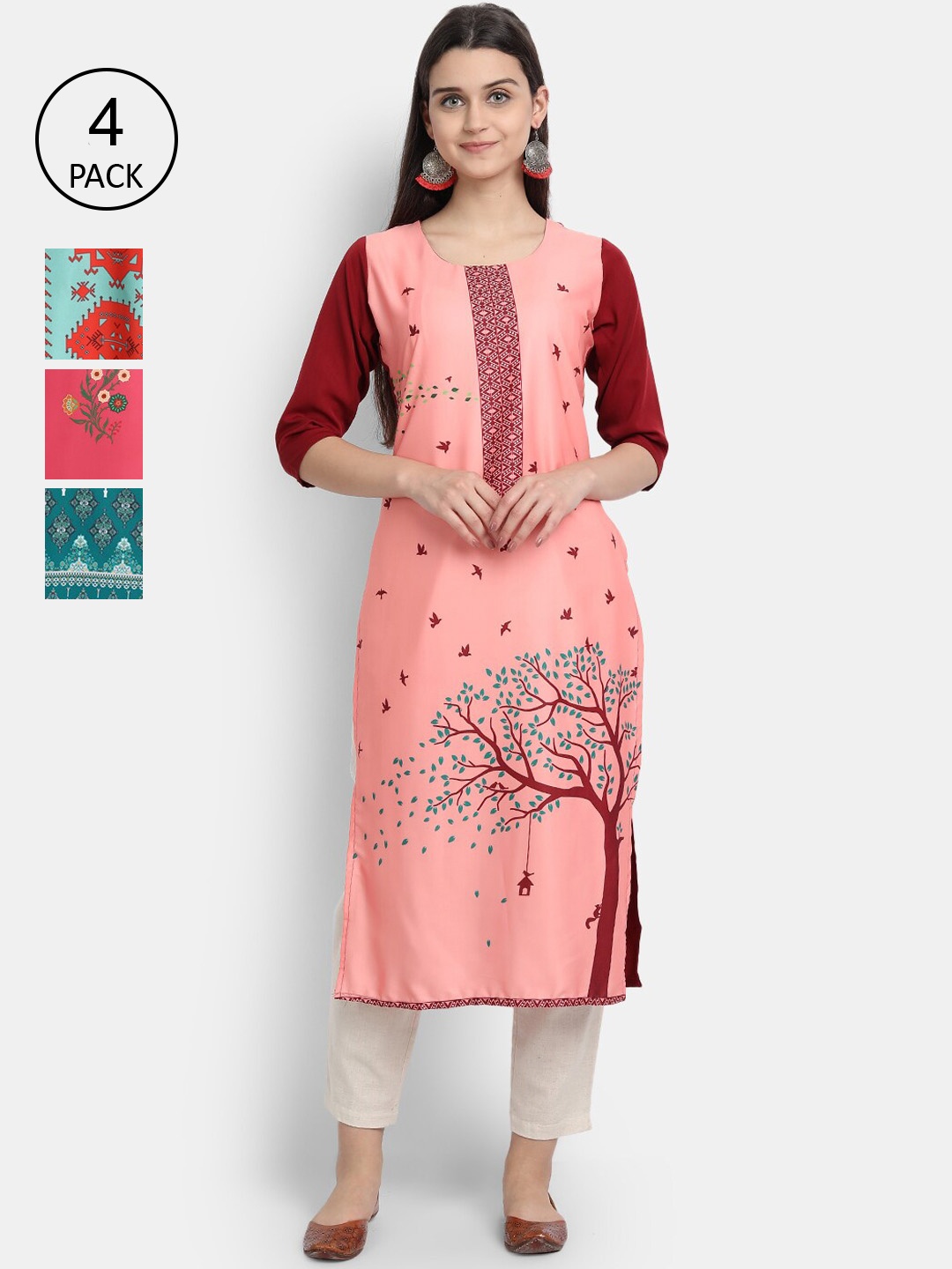 

Ethnic basket Women Set Of 4 Pink & Blue Floral Printed Crepe Kurta