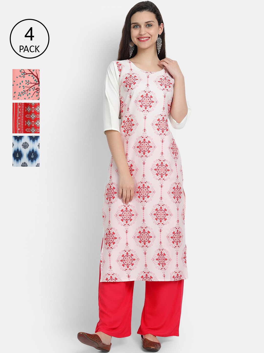 

Ethnic basket Women Pack of 4 Ethnic Motifs Printed Crepe Kurta, Red