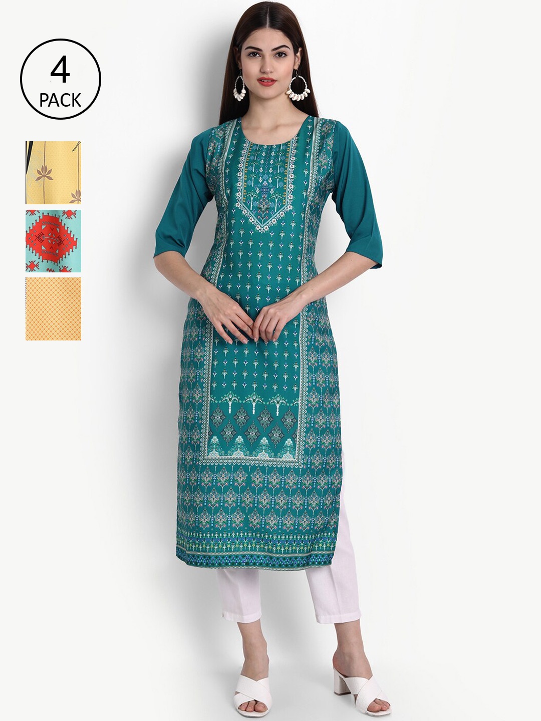 

Ethnic basket Women Pack Of 4 Ethnic Motifs Printed Crepe Kurta, Yellow