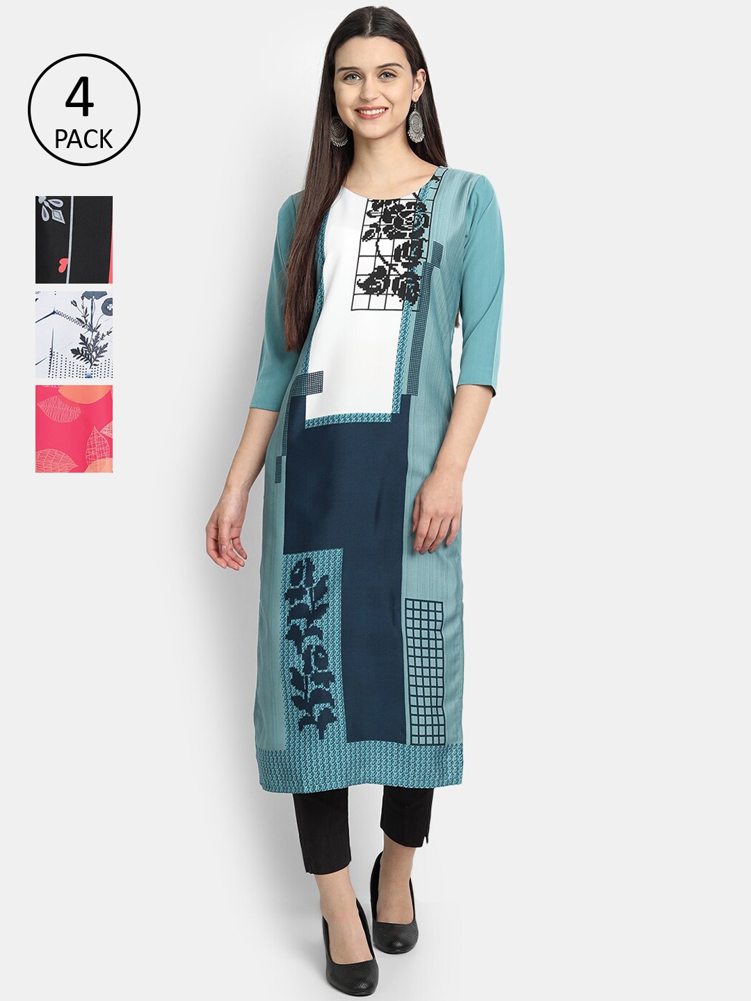 

Ethnic basket Women Set Of 4 Blue & Black Floral Printed Crepe Kurta