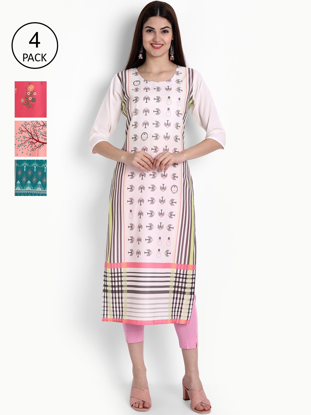 

Ethnic basket Women Pack of 4 Digital Printed Crepe Kurta, White