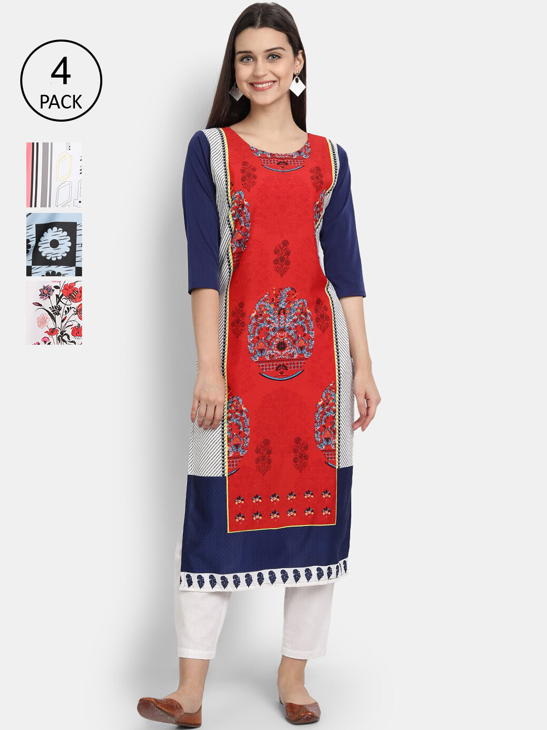 

Ethnic basket Women Multicoloured Set of 4 Ethnic Motifs Printed Crepe Kurta, Multi