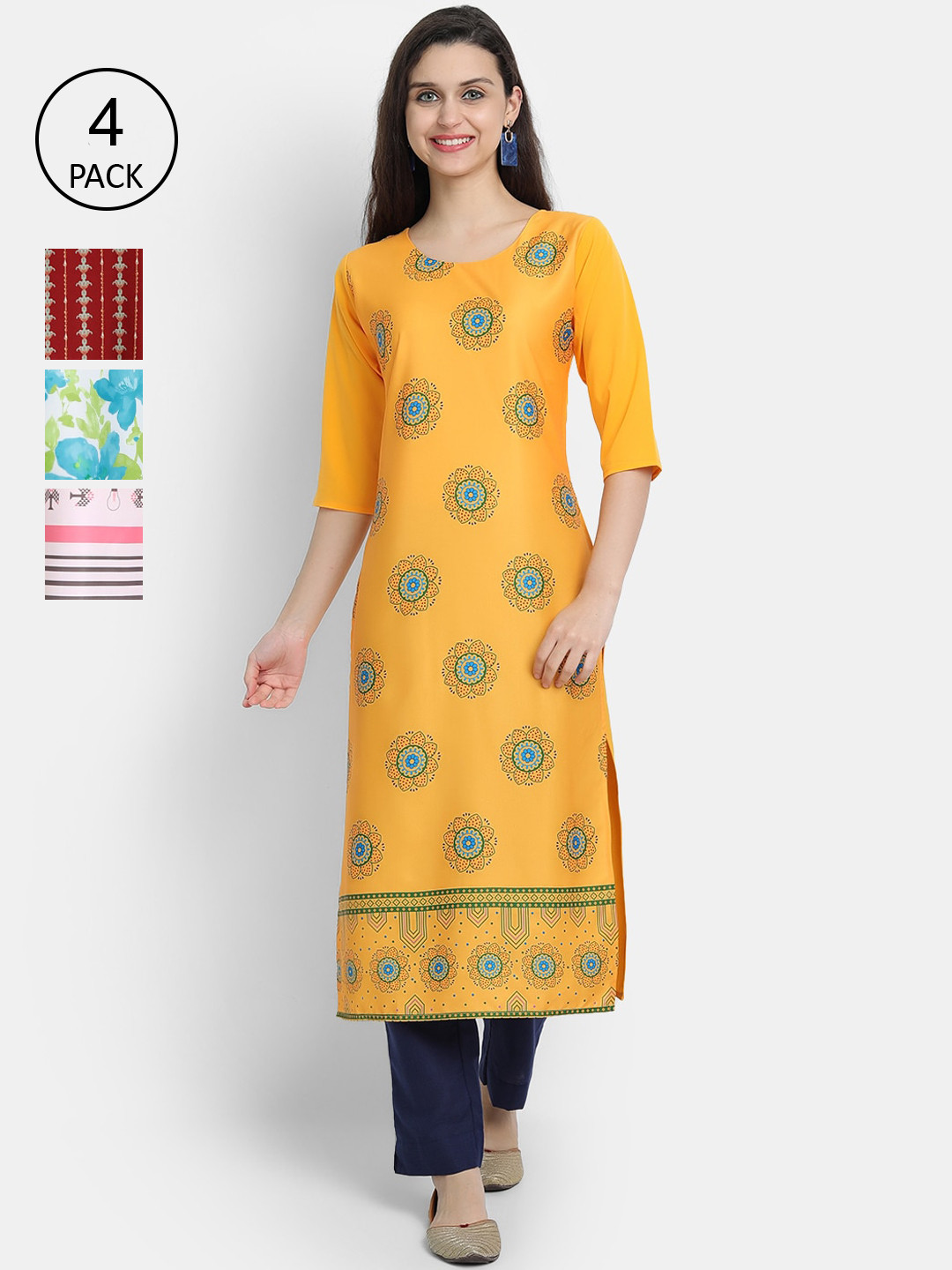 

Ethnic basket Women Yellow & Pink Ethnic Motifs Printed Keyhole Neck Crepe Kurta Pack Of 4
