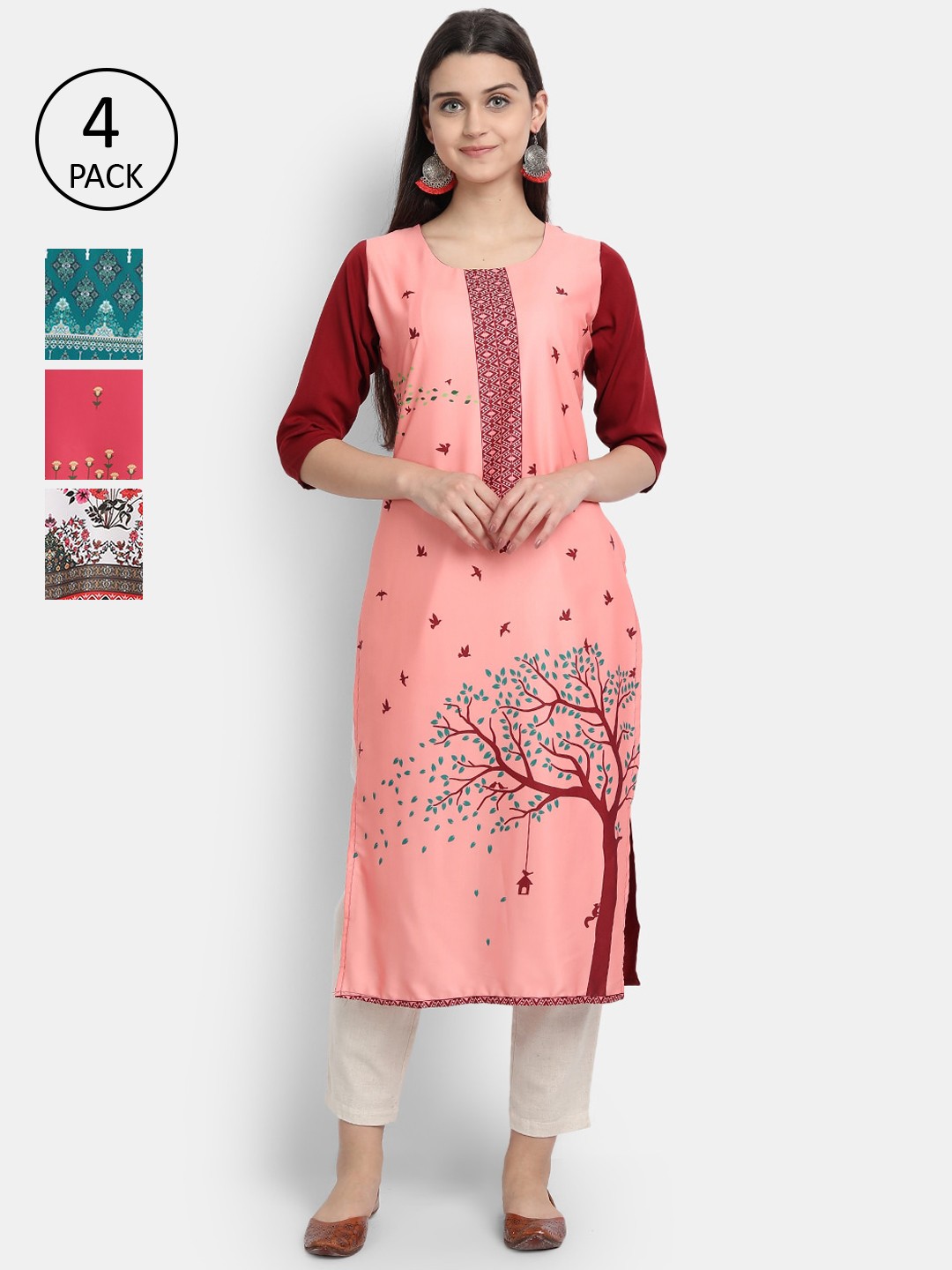 

Ethnic basket Women Pack of 4 Multicoloured Ethnic Motifs Printed Crepe Kurta, Multi