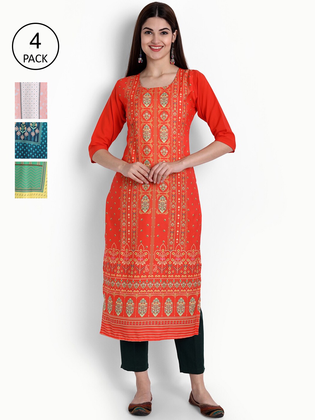

Ethnic basket Women Multicoloured Set of 4 Ethnic Motifs Printed Crepe Kurta, Multi