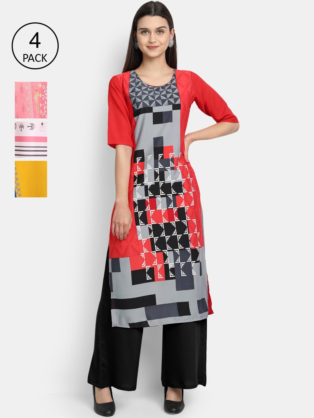

Ethnic basket Women Pack of 4 Red & White Ethnic Motifs Printed Crepe Kurtas