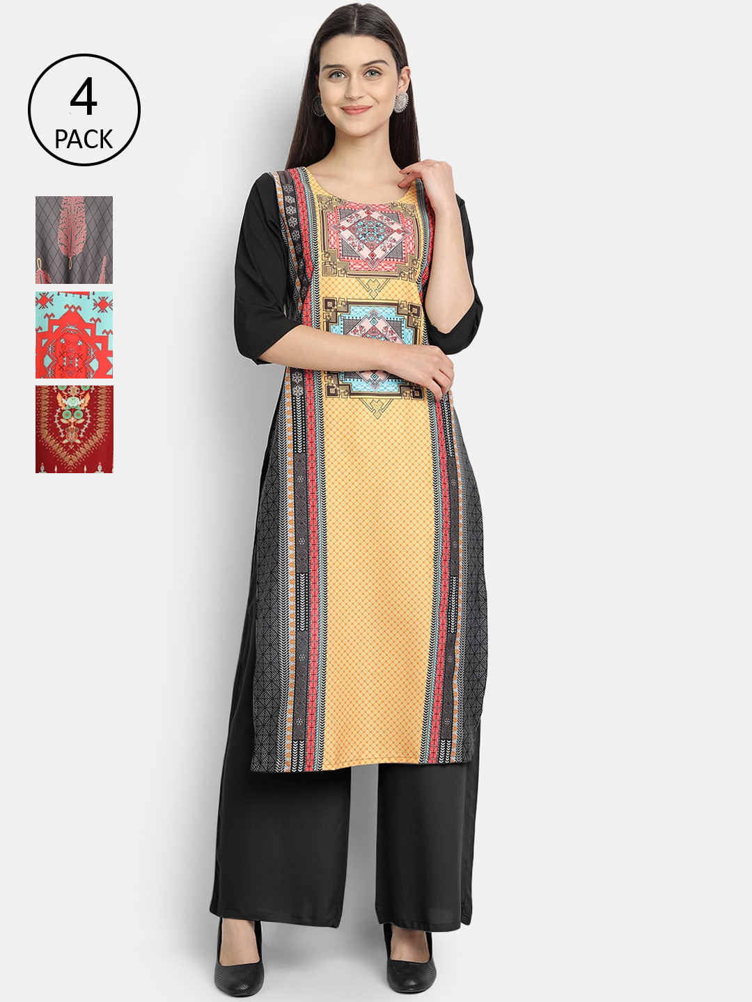 

Ethnic basket Women Pack of 4 Black & Grey Ethnic Motifs Printed Crepe Kurtas
