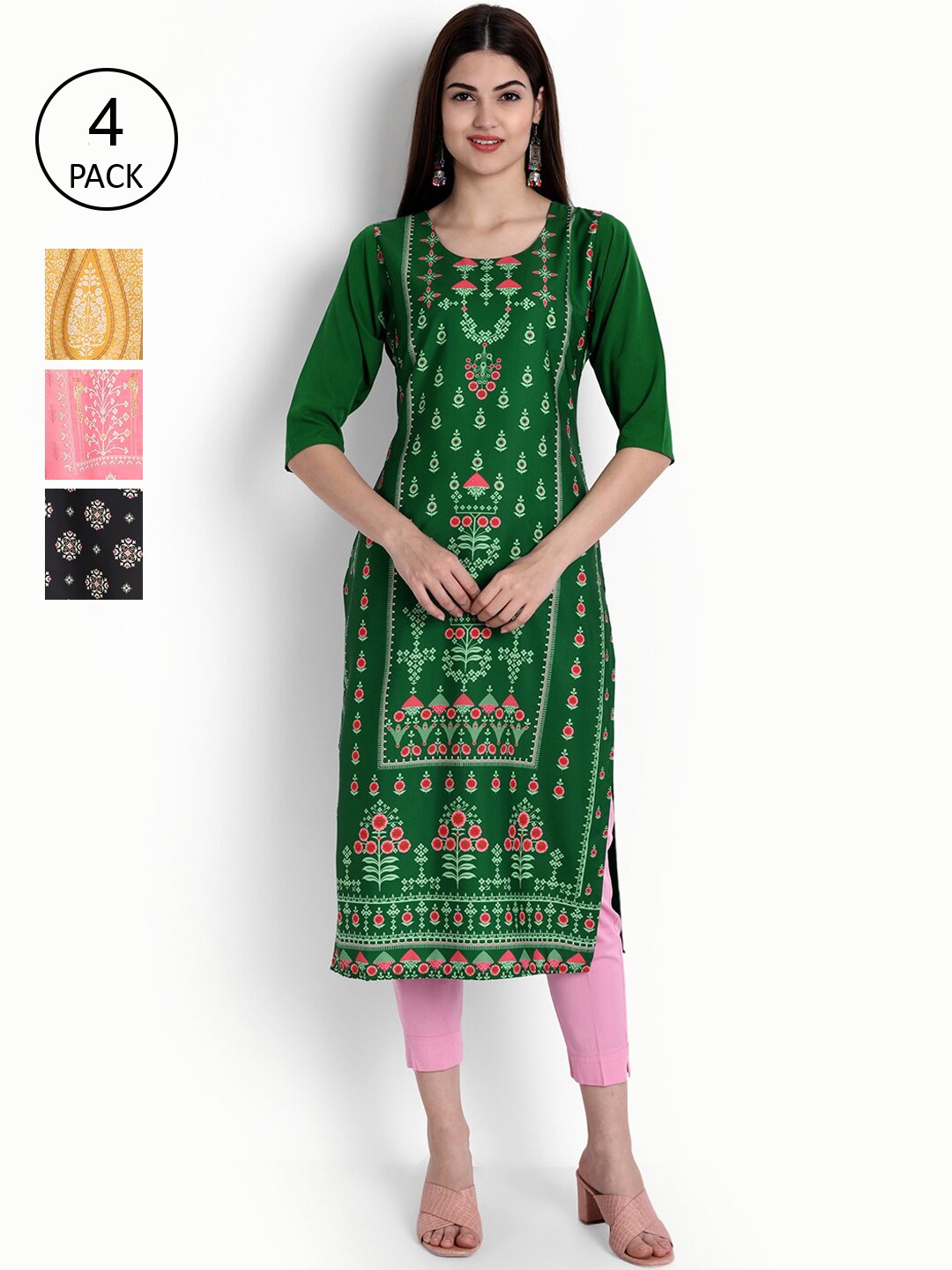 

Ethnic basket Women Pack of 4 Digital Printed Kurtas, Green