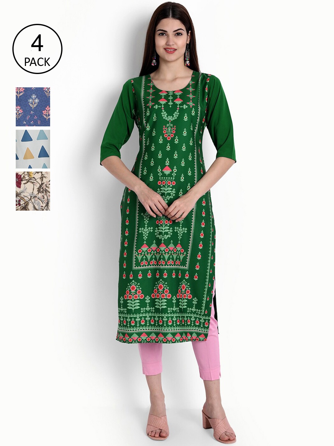 

Ethnic basket Women Set Of 4 Green & Blue Floral Printed Crepe Kurta