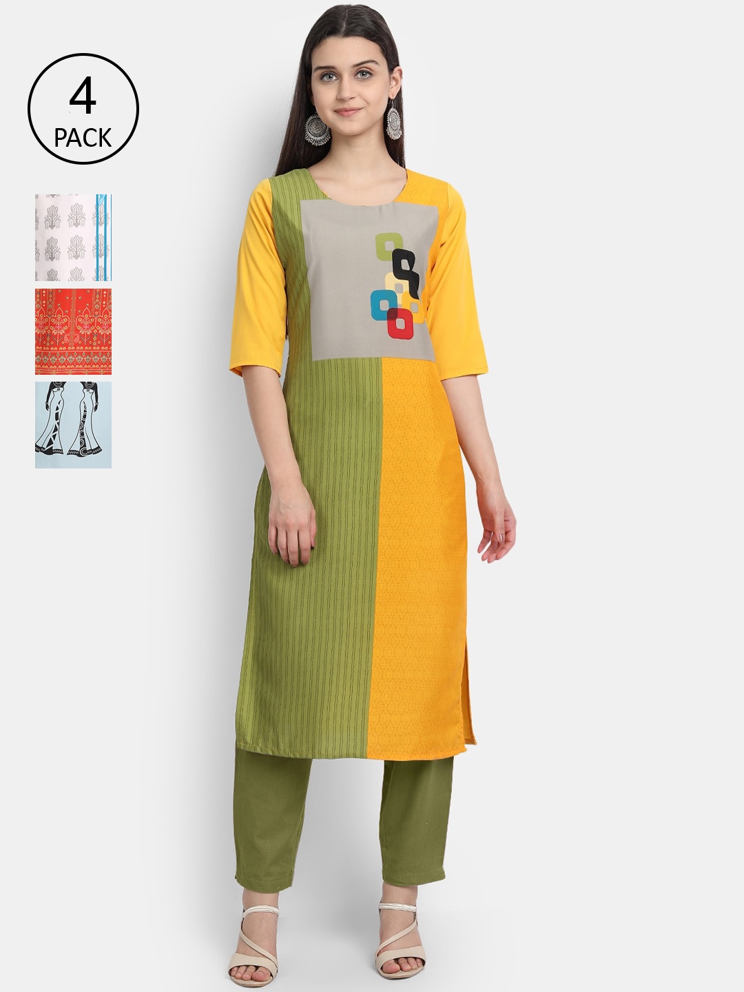 

Ethnic basket Women Pack of 4 Digital Printed Straight Kurtas, Olive