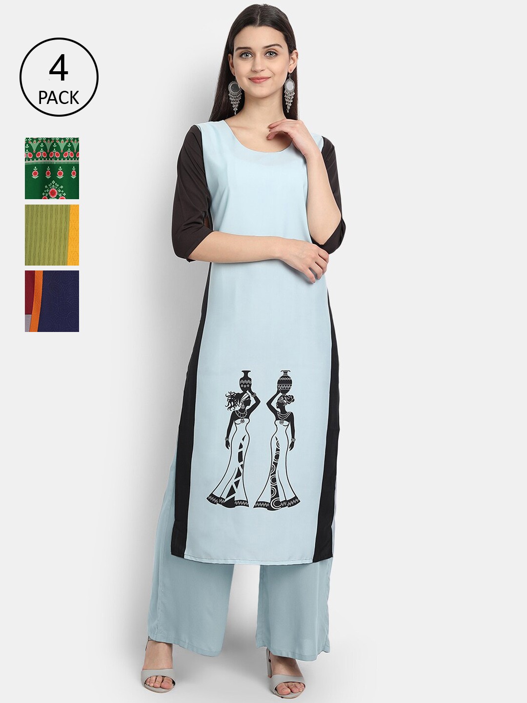 

Ethnic basket Women Set Of 4 Blue & Green Ethnic Motifs Printed Crepe Kurta