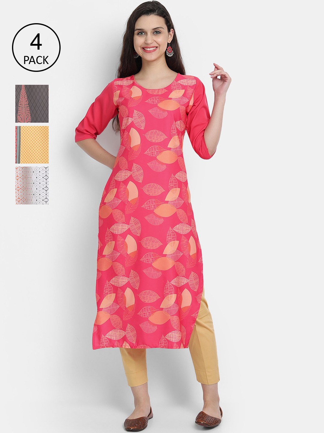 

Ethnic basket Women Set Of 4 Pink & Grey Floral Printed Crepe Kurta