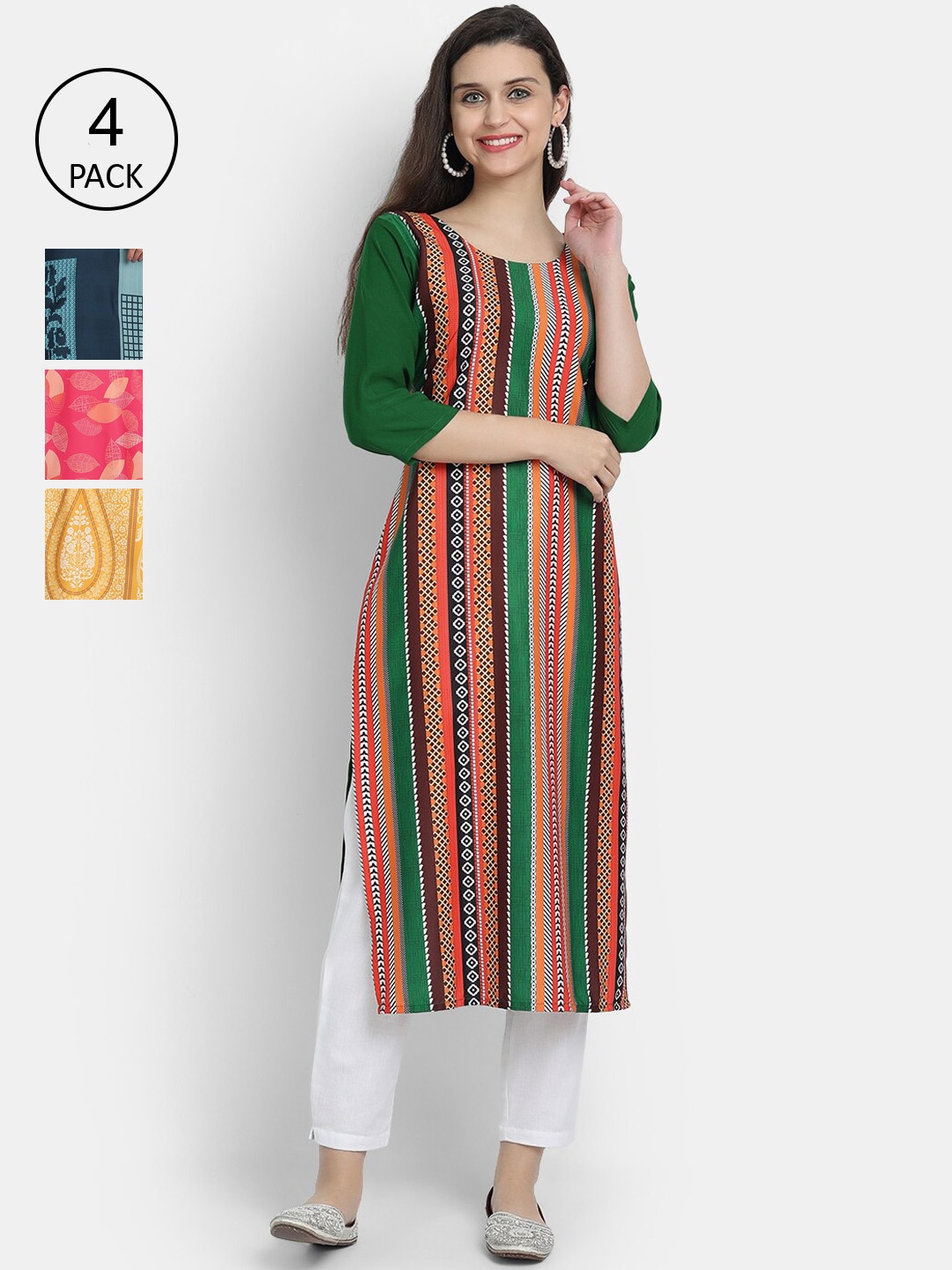 

Ethnic basket Women Green & Yellow Ethnic Motifs Printed Crepe Kurta Pack Of 4
